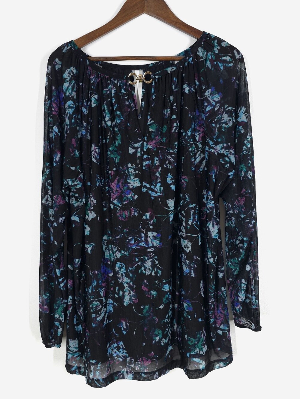 Jennifer Lopez Floral Chiffon Tunic Blouse Black Teal Purple Women’s 2X